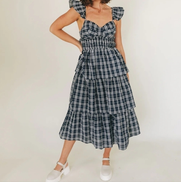 Mable the Label Plaid Ruffle Strap Dress Shirred Waist Tiered Skirt Small - Picture 1 of 13
